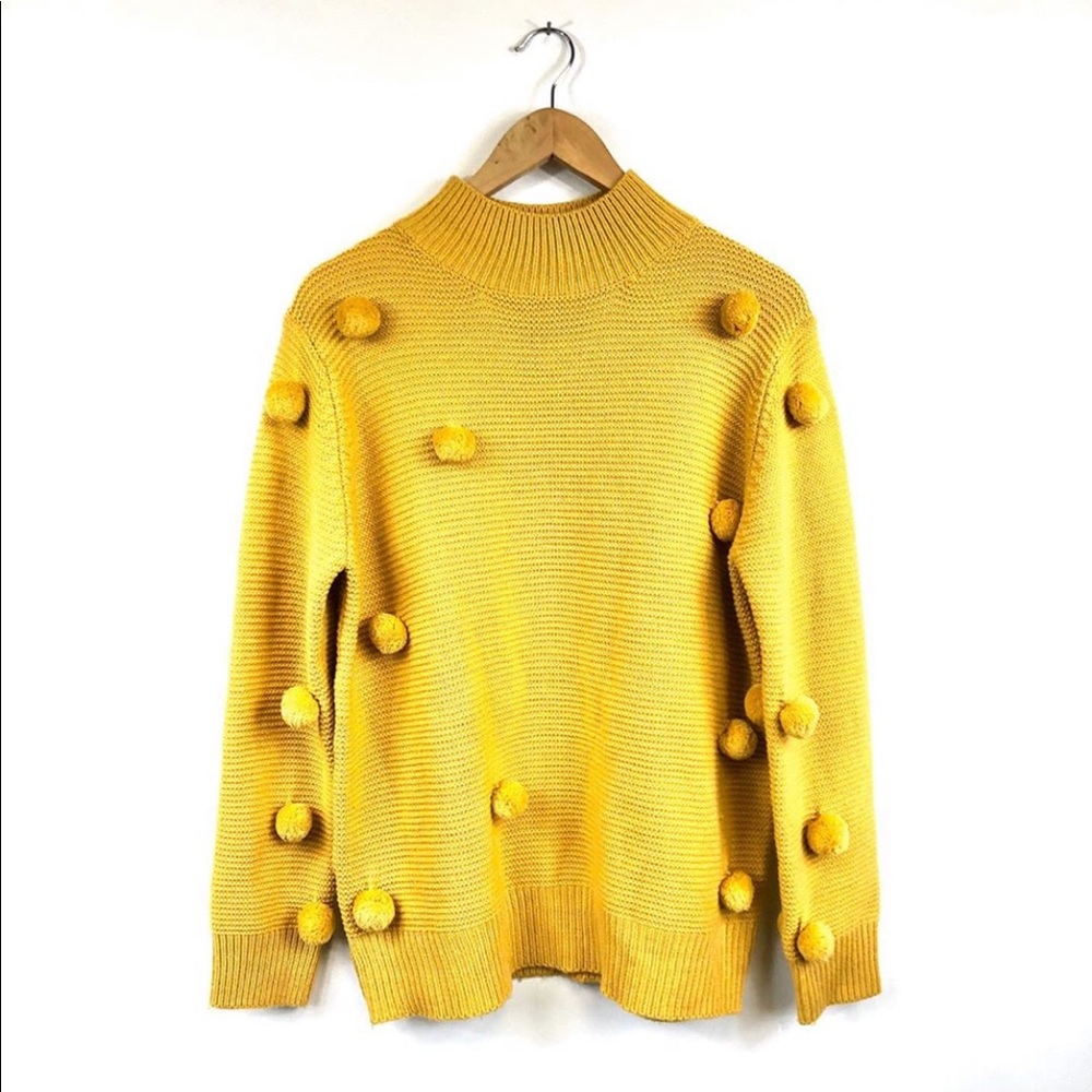 Blushing Heart mustard knit sweater with pom poms